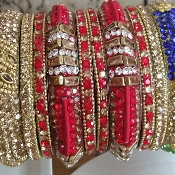 3pc Hyderabad India Stone Bangles Red Brown White - Picture 2 of 4